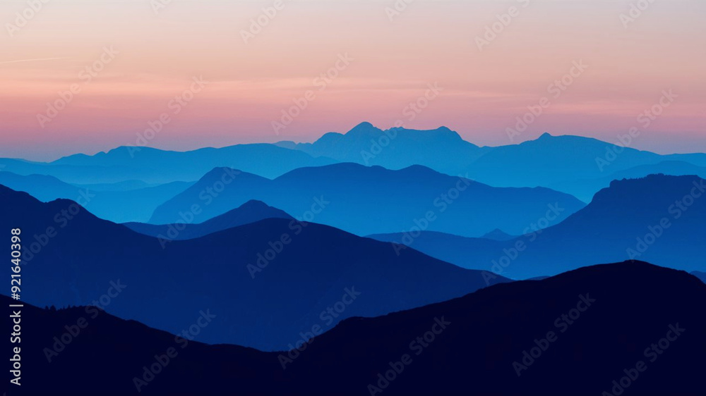 Fototapeta premium Illustrate a series of overlapping blue curves that form the silhouette of a distant mountain range at dusk.