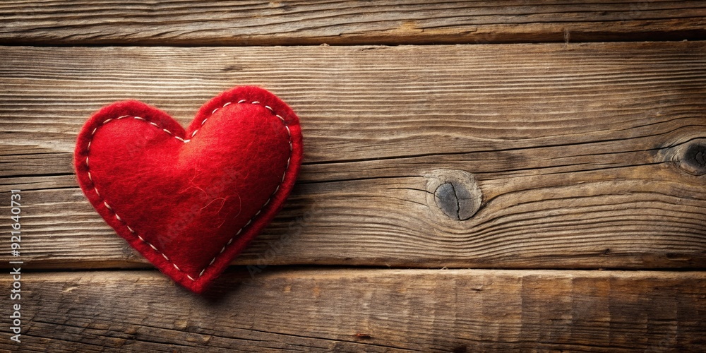 Vibrant red felt heart, handmade with precision, lies on a rustic wooden surface, offering ample space for text or designs, evoking warmth and affection. Vibrant red felt heart, handmade with precision, lies on a rustic wooden surface, offering ample space for text or designs, evoking warmth and affection.