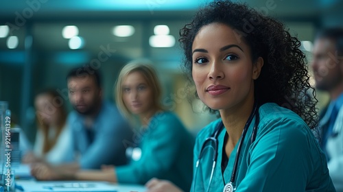 Confident female doctor in a meeting with colleagues