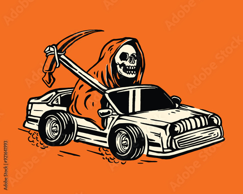 Vintage Halloween Hot Rod Car with Grim Reaper Skeleton Illustration Perfect for Spooky Seasonal Merchandise