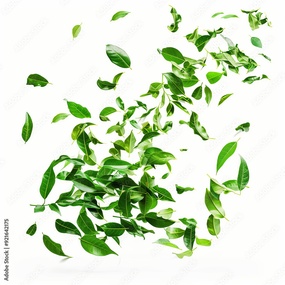 Floating curry leaves in air, on white background Floating curry leaves in air, on white background