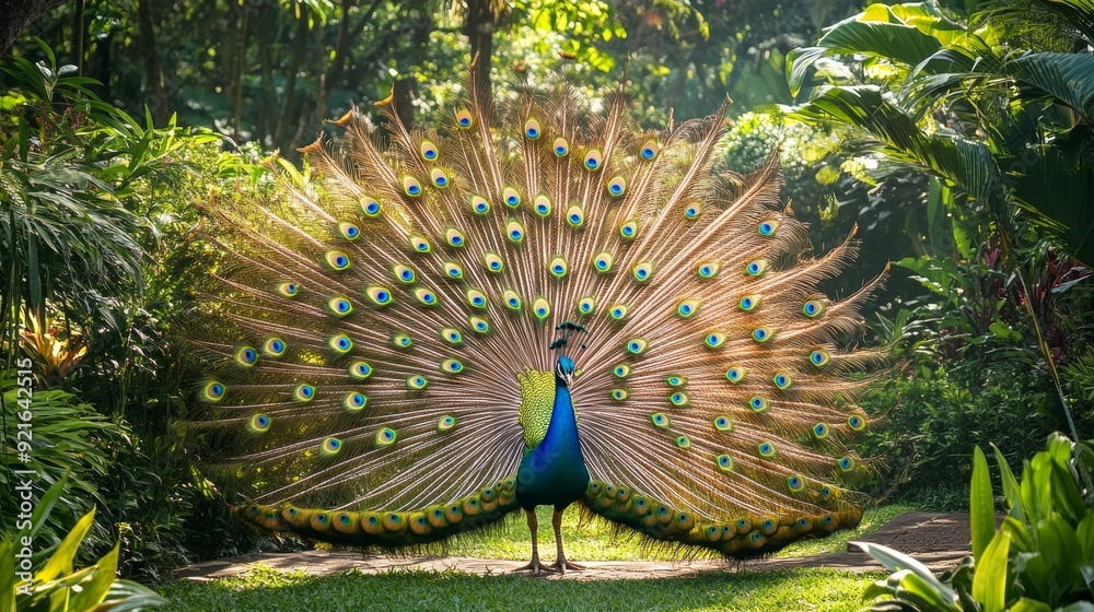 Obraz premium Majestic Golden Peacock Displaying Feathers in Lush Garden - Symbol of Beauty, Elegance, and Pride
