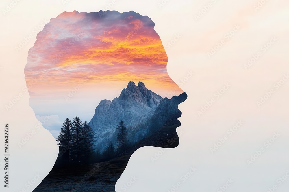 A creative silhouette of a person with a scenic landscape inside, illustrating the connection between nature and human spirit. A creative silhouette of a person with a scenic landscape inside, illustrating the connection between nature and human spirit.