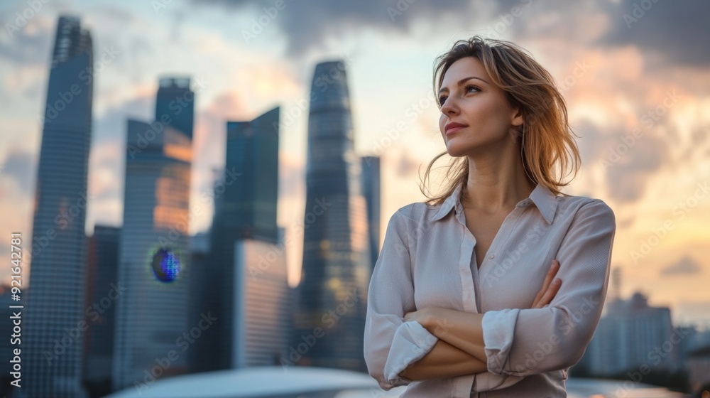 Fototapeta premium Ambitious Businesswoman Embracing Success Against Urban Skyline Background