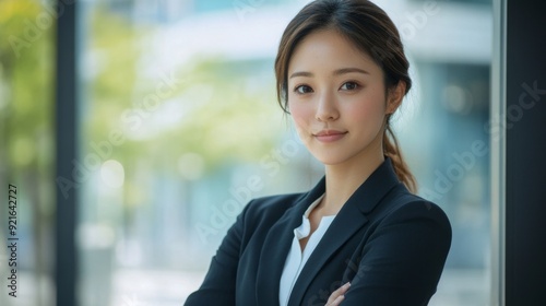 Modern Businesswoman in Office Attire Working on Laptop in Contemporary Workspace