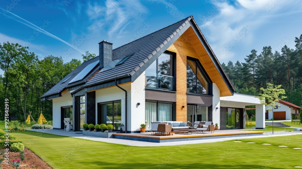 Modern two-story home with garden, solar panels, and large windows against blue sky Modern two-story home with garden, solar panels, and large windows against blue sky