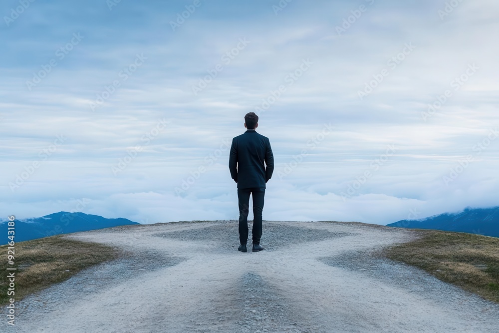 A lone figure stands at a crossroads, contemplating a decision amidst a serene landscape of clouds and mountains. A lone figure stands at a crossroads, contemplating a decision amidst a serene landscape of clouds and mountains.