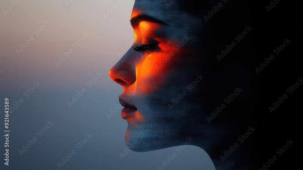 A serene profile of a woman illuminated by soft sunset hues, capturing a moment of tranquility and beauty. A serene profile of a woman illuminated by soft sunset hues, capturing a moment of tranquility and beauty.