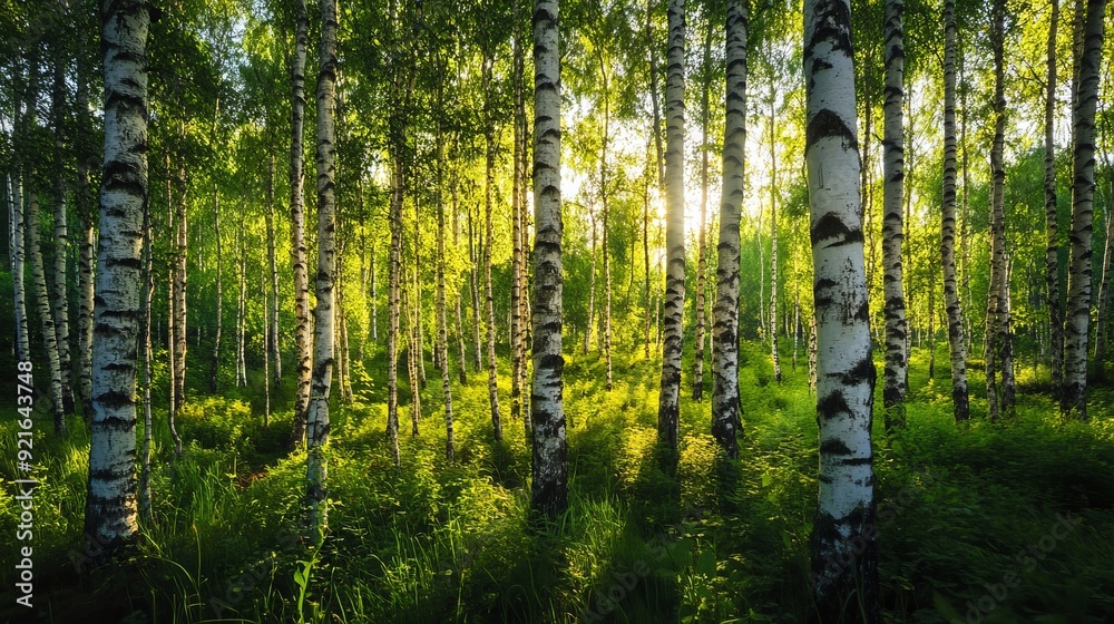 Obraz premium A green birch forest in the summer, showcasing tall, slender birch trees with vibrant green leaves.