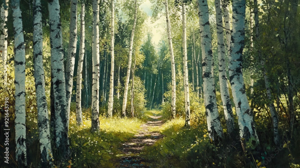 Fototapeta premium A green birch forest in the summer, showcasing tall, slender birch trees with vibrant green leaves.