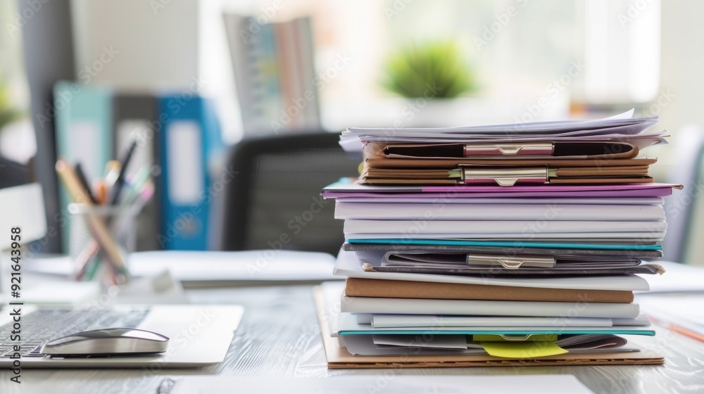 A stack of folders, documents and papers on an office desk. A stack of folders, documents and papers on an office desk.