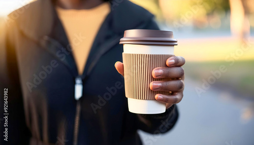 Coffee to Go: A close-up of a man´s hand holding a takeaway coffee cup. Busy morning or afternoon. 3
