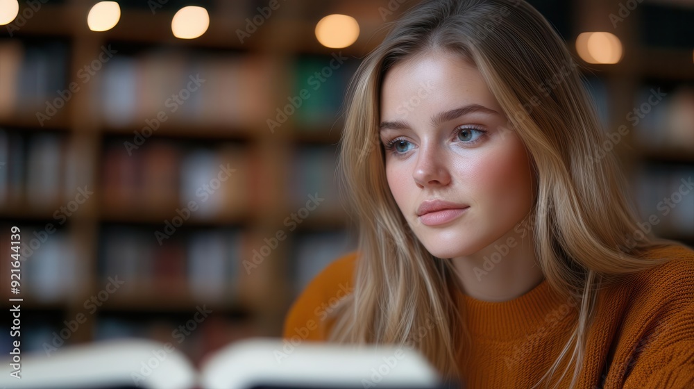 A young woman deeply focused on her book in a cozy library setting, surrounded by shelves filled with various literature.
