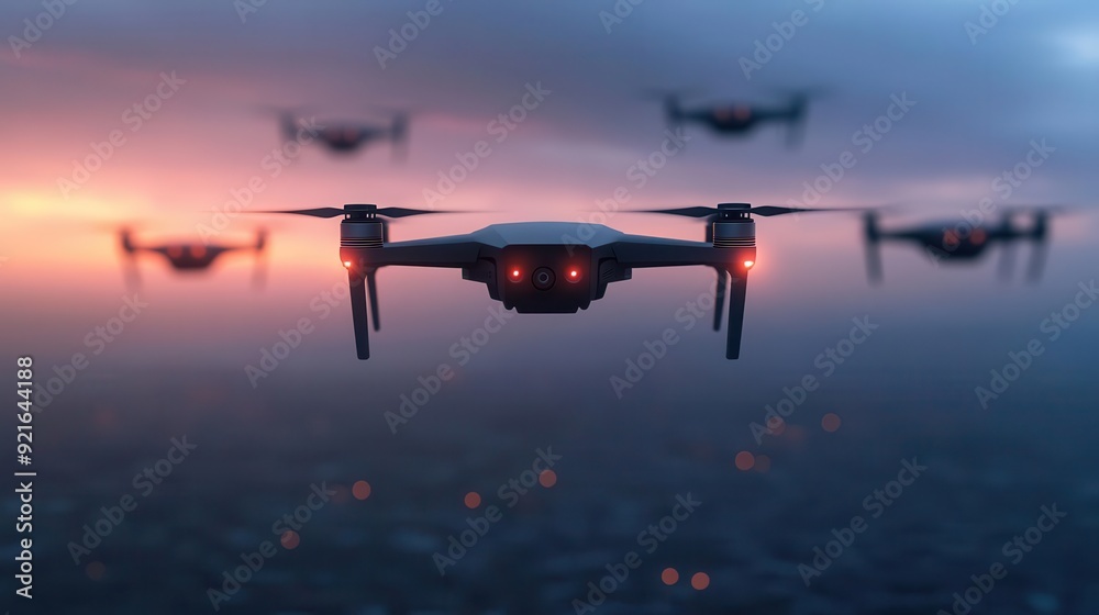 Aerial view of modern drones flying at sunset, showcasing advanced technology and stunning landscape. Aerial view of modern drones flying at sunset, showcasing advanced technology and stunning landscape.