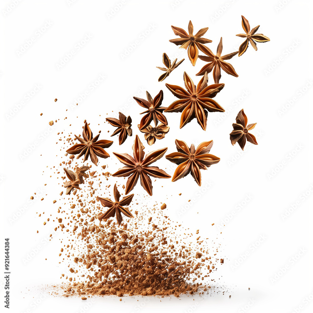 Floating star anise with powder in air on white background Floating star anise with powder in air on white background
