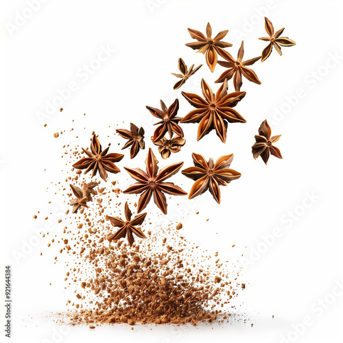 Floating star anise with powder in air on white background