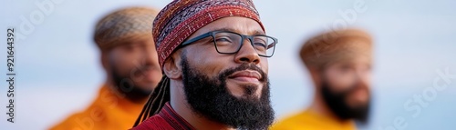 Portrait of a confident man with glasses, wearing a colorful hat, surrounded by friends in a vibrant outdoor setting.