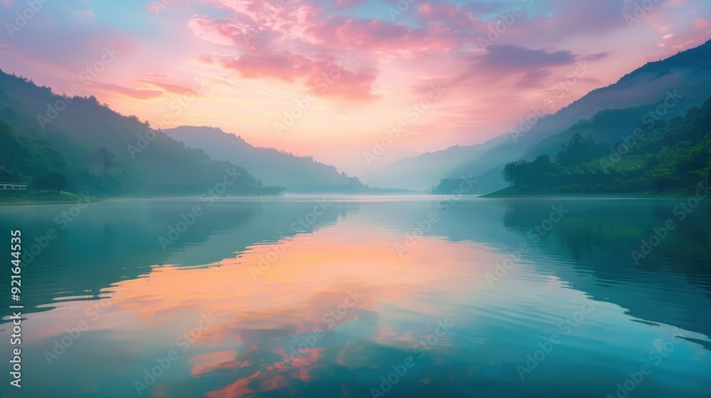 Pristine mountain lake at sunrise, the calm waters reflecting the pink and orange hues of the sky, surrounded by lush green forests and distant peaks shrouded in mist. Pristine mountain lake at sunrise, the calm waters reflecting the pink and orange hues of the sky, surrounded by lush green forests and distant peaks shrouded in mist.