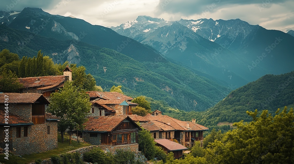 European landscape of mountains and an ancient village