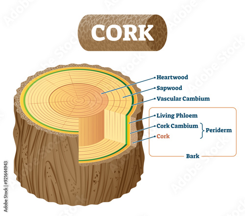 Cork as natural material cross section labeled structure scheme illustration, transparent background.Educational description with inner tree parts behind bark.