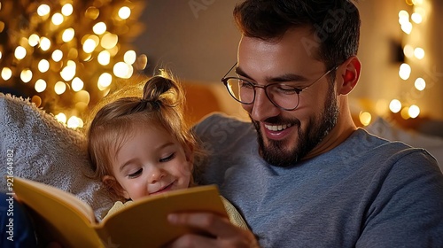 Father reading a book to his daughter before bedtime. photo