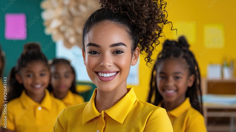 Medium shot, teacher with a group of students in uniforms, classroom setting. Medium shot, teacher with a group of students in uniforms, classroom setting.