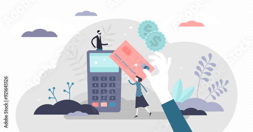 Payment transaction process concept, flat tiny person illustration, transparent background. Merchant bank terminal and customer ready to make a purchase with a credit card.