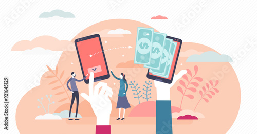 Payment transfer concept, flat tiny persons illustrations, transparent background. Digital wallet operations between peers. Abstract stylized money transaction process.