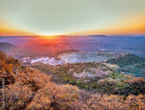 aerial view of a quarry of limestone for cement, view from Kgale Hill Gaborone, capital city, Botswana, dusk night photo