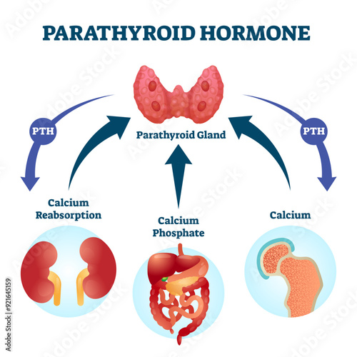 Parathyroid hormone PTH, parathormone or parathyrin illustration, transparent background.Labeled educational parathyroid glands secretion regulation scheme.