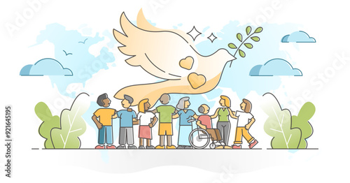 Solidarity as community social group diversity acceptance outline concept, transparent background. Together as one in peace and unity illustration. Dove peace symbol with different orientation.