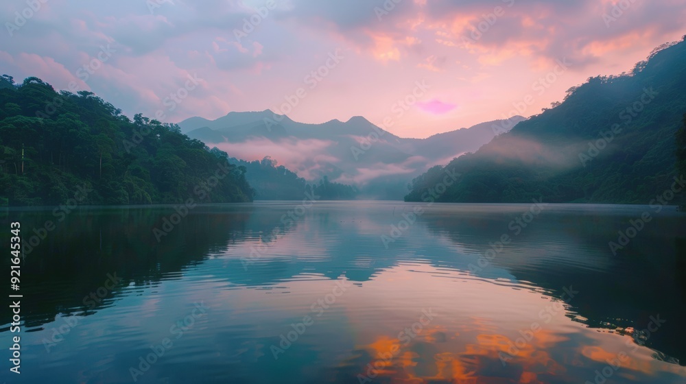 Fototapeta premium Pristine mountain lake at sunrise, the calm waters reflecting the pink and orange hues of the sky, surrounded by lush green forests and distant peaks shrouded in mist.