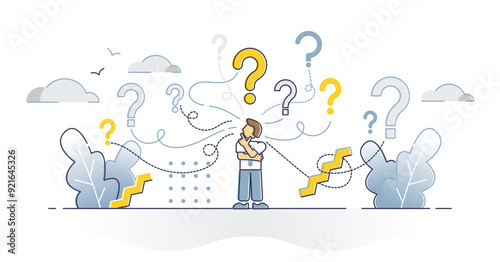 Business decision doubt as question marks around solutions outline concept, transparent background. Company path in unclear future with different various strategies illustration.