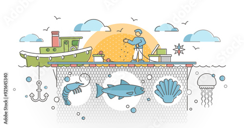 Aquaculture as seafood farming for production cultivation outline concept, transparent background. Marine farm business with fishing boat and fresh salmon.