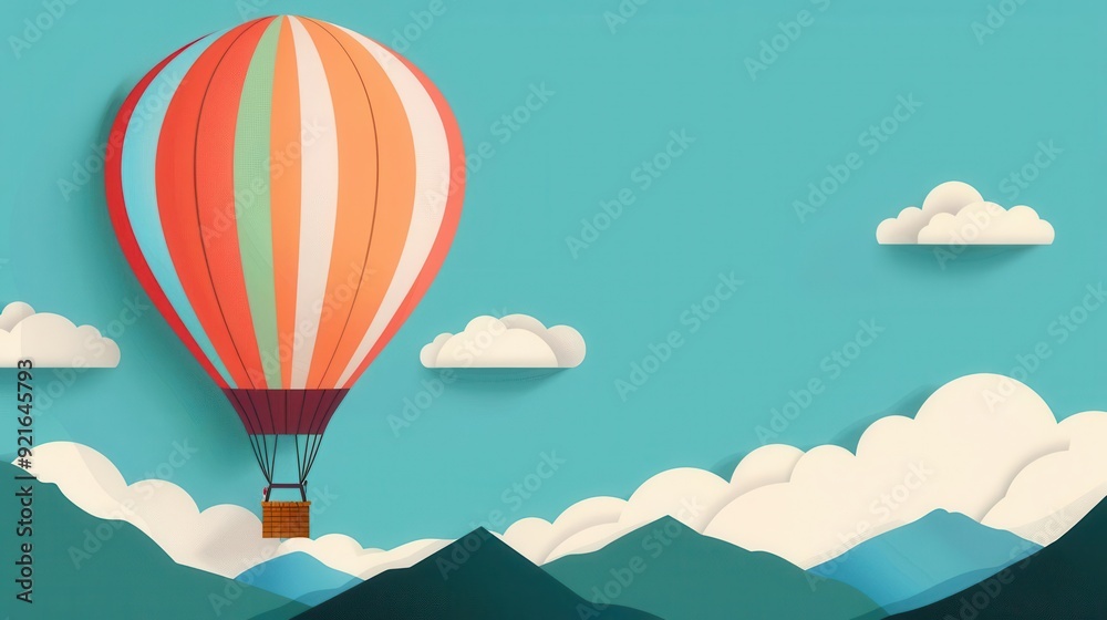 Fototapeta premium Colorful hot air balloon floating over mountains with fluffy clouds on a serene day, creating a picturesque and whimsical scene.