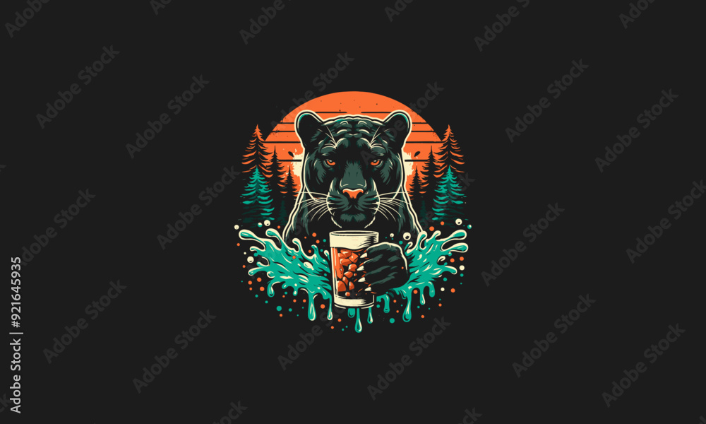 panther holding drink on forest vector illustration artwork design