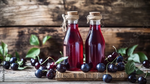 Sweet black cherries in a glass, set against a wooden background, with fresh, juicy cherries also displayed in a glass bottle. photo