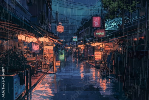 A cozy rainy night market with warm lights, colorful stalls, and a peaceful ambiance. Cozy vibe, Generative AI