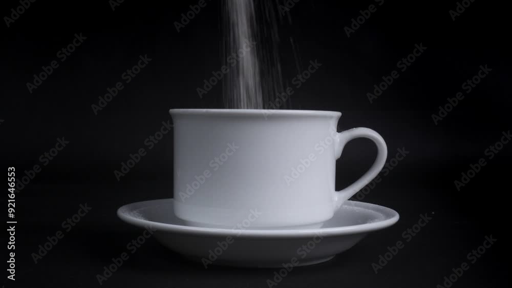 pouring sugar into white mug cup isolated black background pouring sugar into white mug cup isolated black background