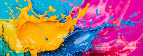 Colorful paint splashes converging into a unified form, Merging. photo