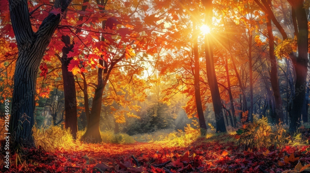 Fototapeta premium Serene autumn forest, with trees dressed in brilliant shades of red, orange, and yellow, a carpet of fallen leaves underfoot, and soft sunlight filtering through the canopy.
