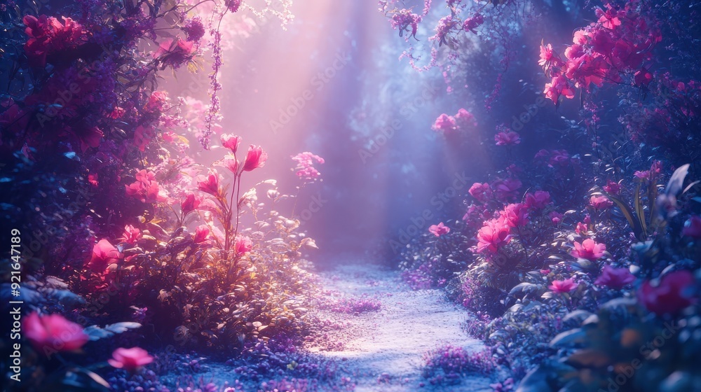 Fototapeta premium Magical Forest Path with Pink Flowers and Sunbeams.