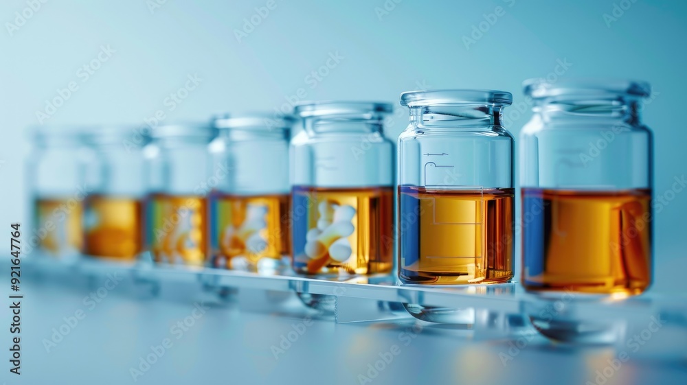 Glass vials filled with amber liquid in laboratory setting Glass vials filled with amber liquid in laboratory setting