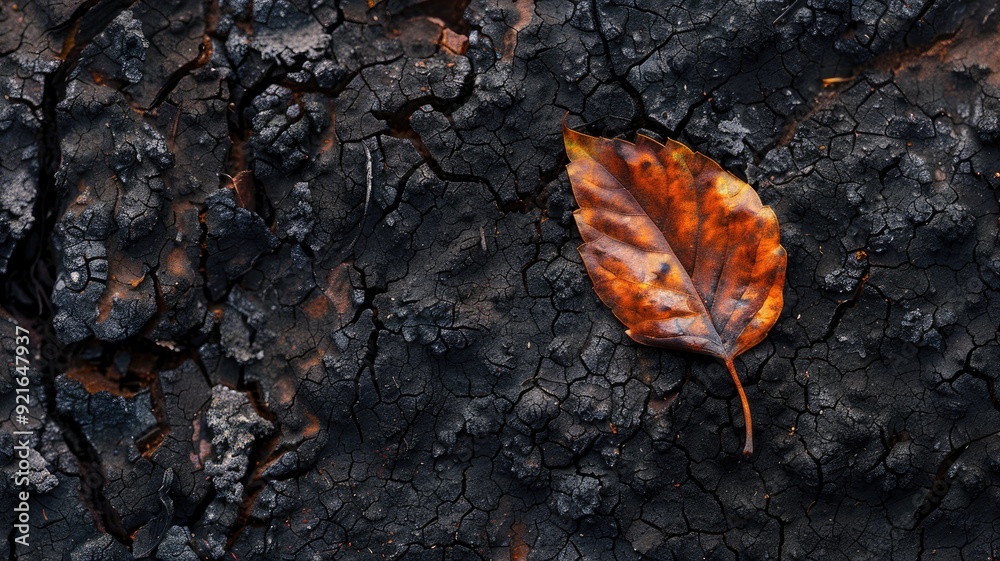 Orange-brown leaf on charred, cracked surface, symbolizing life amidst destruction Orange-brown leaf on charred, cracked surface, symbolizing life amidst destruction