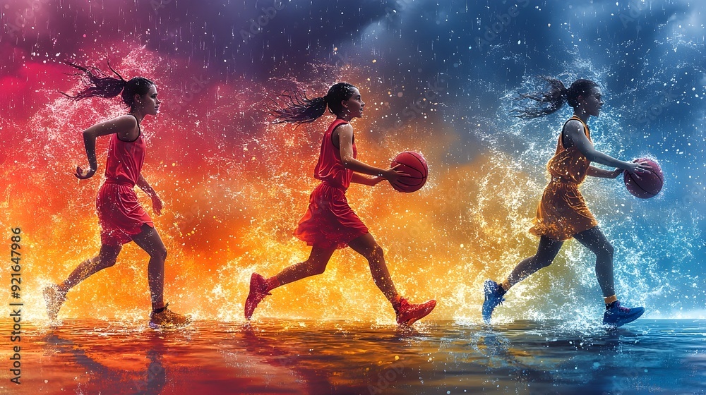 Naklejka premium Three Female Basketball Players Competing in the Rain on a Dark Background