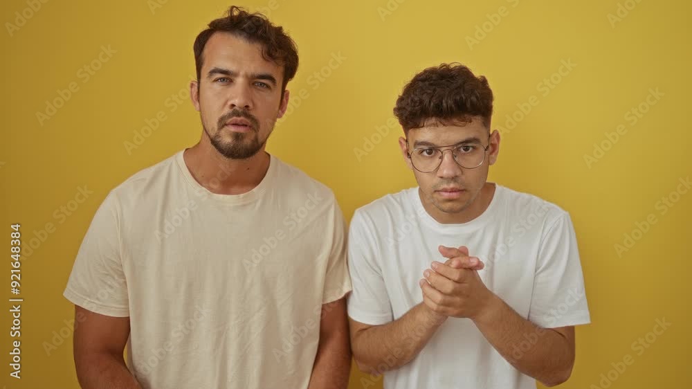 Father and son together, joyful with fists raised in celebration against a yellow background, conveying a strong family bond and happiness. Father and son together, joyful with fists raised in celebration against a yellow background, conveying a strong family bond and happiness.
