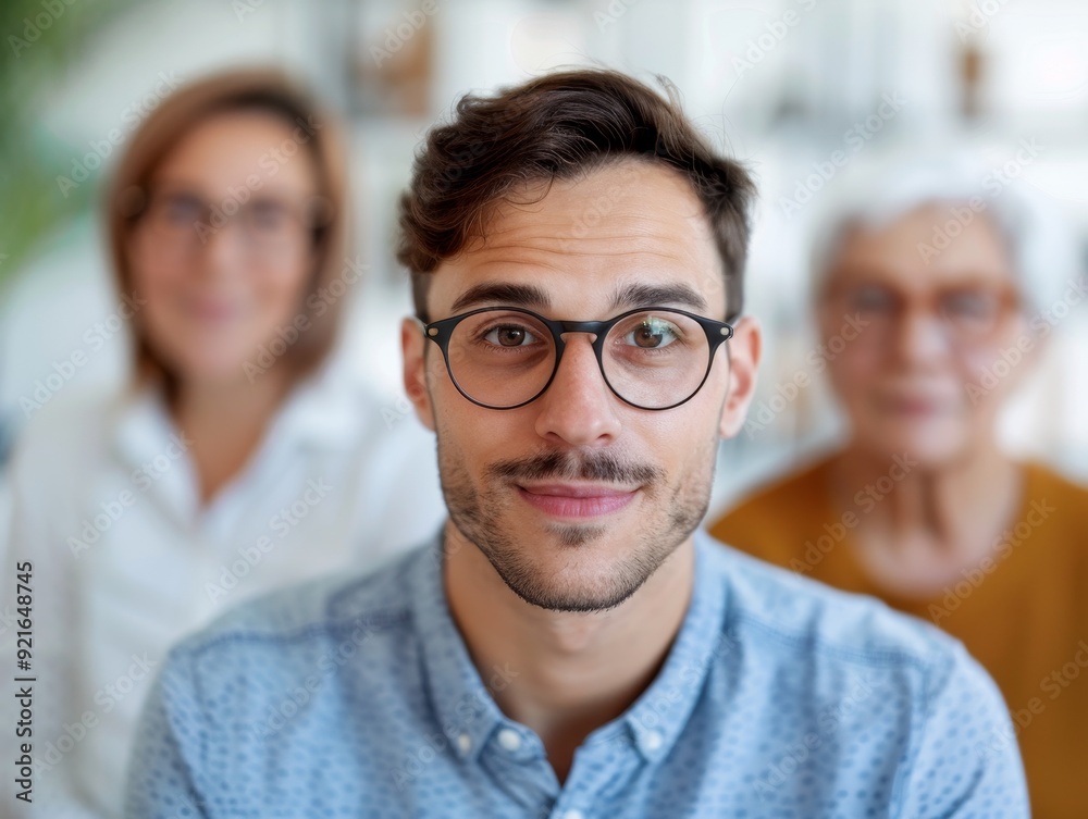 A young man with glasses smiles confidently, with two women in the background, creating a warm and friendly atmosphere. A young man with glasses smiles confidently, with two women in the background, creating a warm and friendly atmosphere.