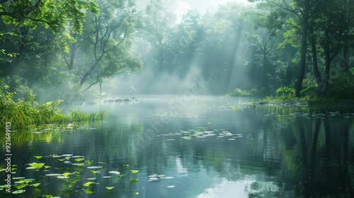 Mystical Foggy Forest Lake