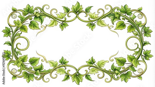 Elegant ornate vine border with intricately curled tendrils and lush green leaves, perfect for framing or adding a touch of whimsy to designs. photo