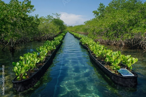 Replanted mangrove forests are equipped with solar-powered flood barriers, showcasing the synergy between environmental conservation, renewable energy, and coastal restoration. 